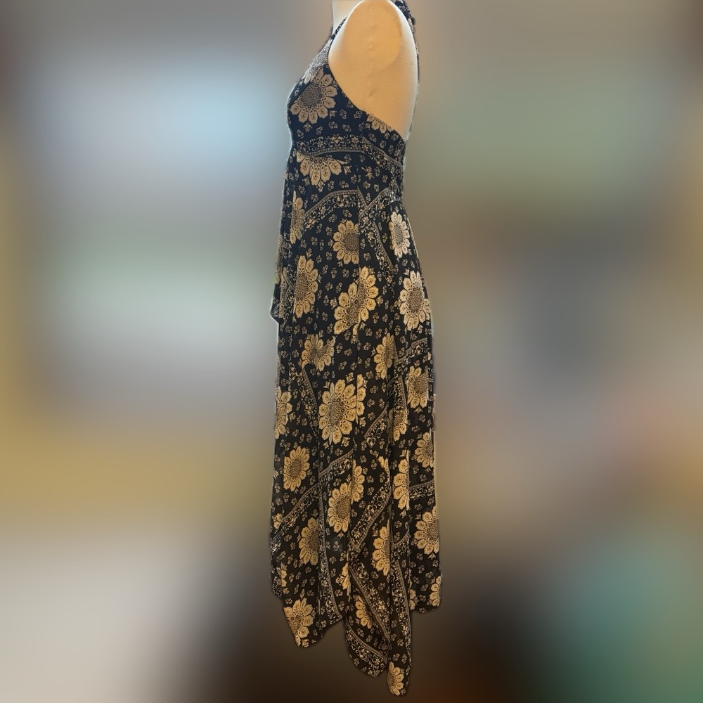 Vintage 90s Y2K Black White Floral Halter Boho Festival Midi Maxi Dress Size 8 - Picture 2 of 11